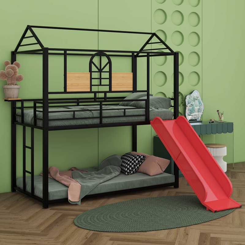 Alexsi Twin Over Twin Metal Bunk Bed ,Metal Housebed With Slide, Black, Red