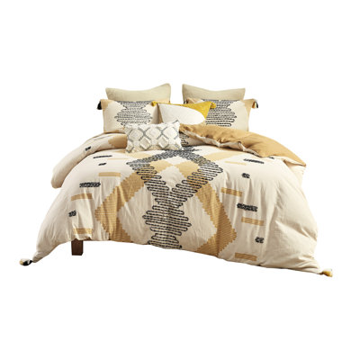 3 Piece Duvet Cover Full/Queen, 100% Cotton Yellow Grey Geometric, Twisted Embroidery, Button Closure, 4 Corner Ties, Washable Bedding