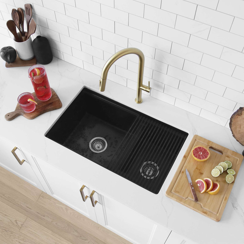 Pietra Stylish Waterton Composite Dual Mount 30” Double-bowl Workstation Kitchen Sink, Black