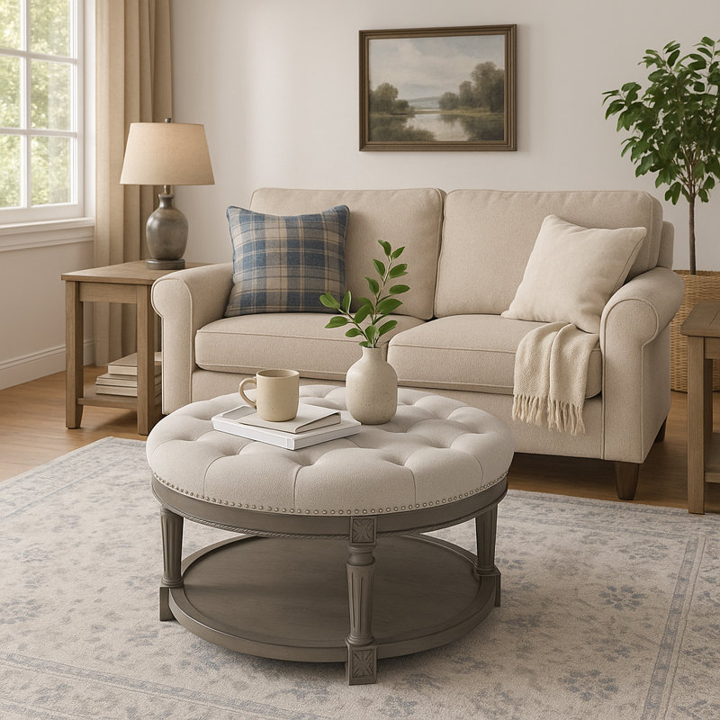 Maven Lane Mesa Round Upholstered Coffee Table In Aged Grey With Grey Fabric, White Top/Gray Base