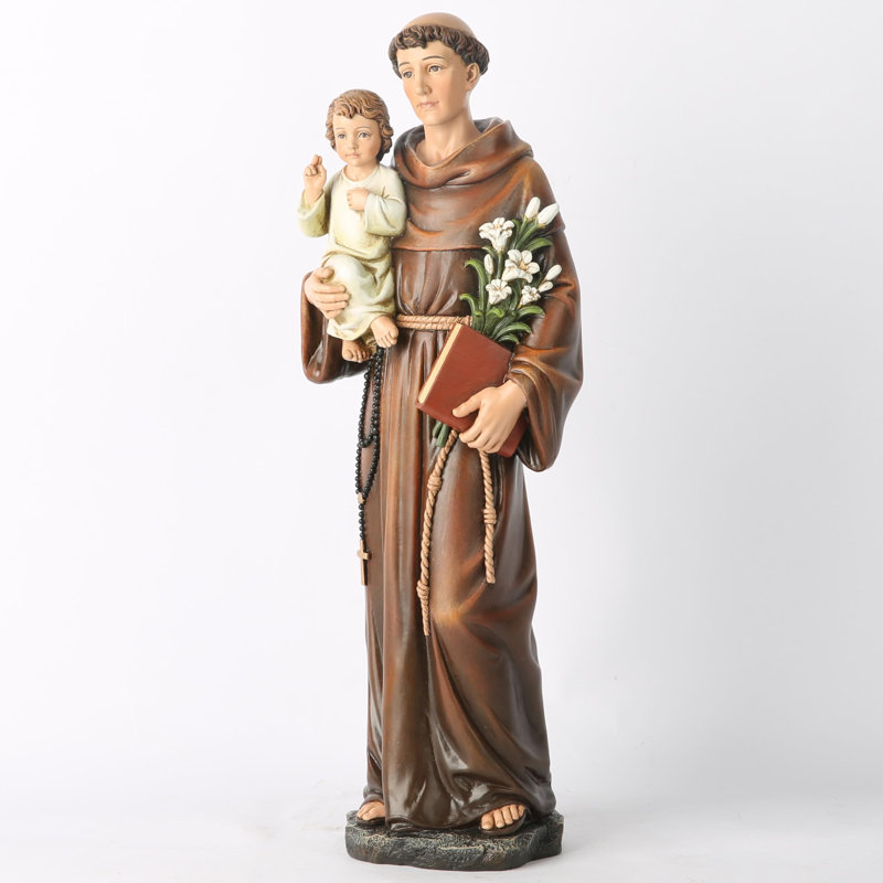 Statue de saint Antoine de Padoue en résine de pierre peinte à la main, de 37,5 cm de hauteur (14,75 pouces).