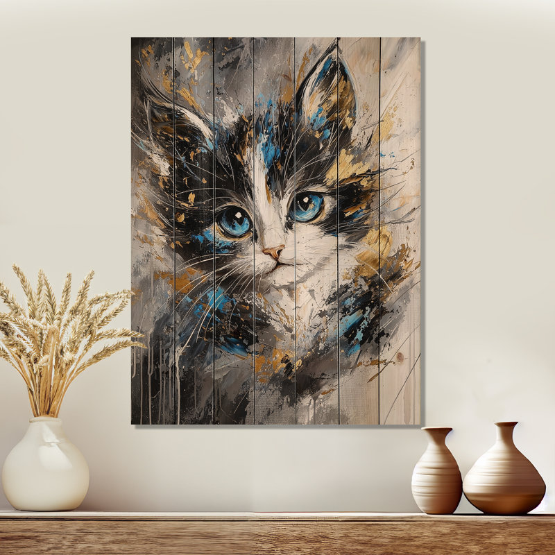 Décoration murale moderne sur bois de pin naturel, chaton II - animaux modernes, H 40 po x l 30 po
