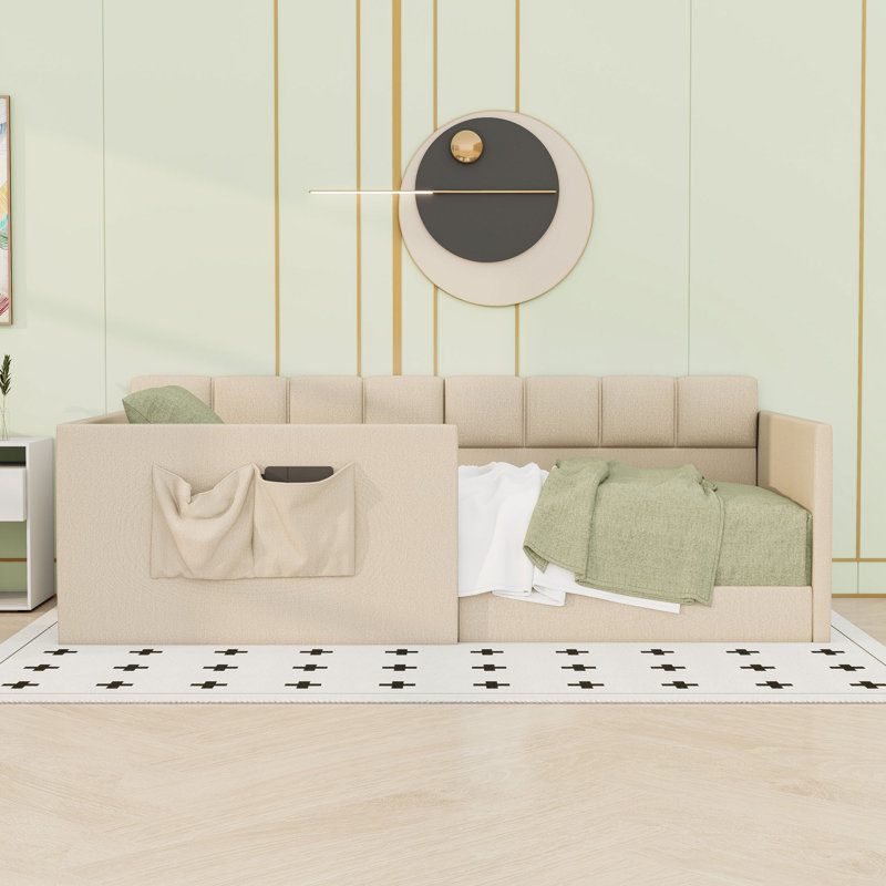 Lit de jour rembourré avec garde-corps hauts et poches de rangement, Lit simple, Beige
