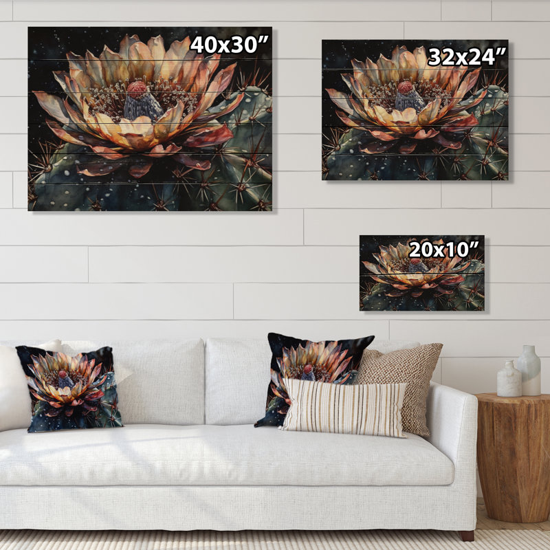 Fleur de cactus brun-vert II sur bois, H 10 po x l 20 po x P 0,78 po