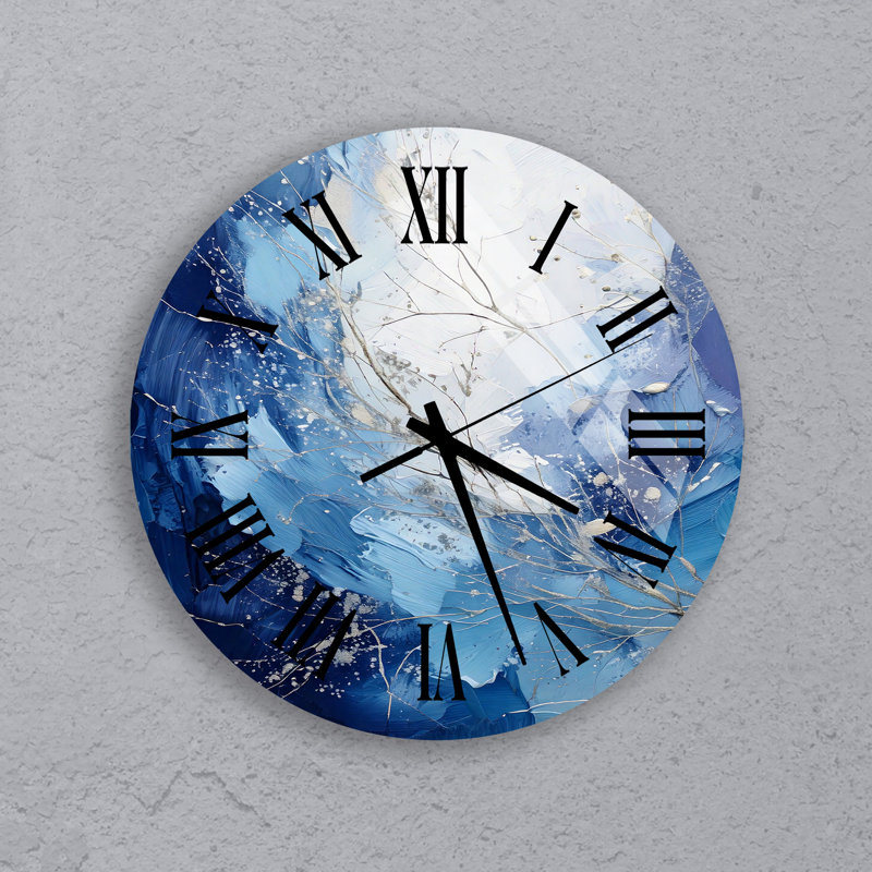 Celestial indigo silent ticking, tempered glass wall clock with black roman numerals - abstract design