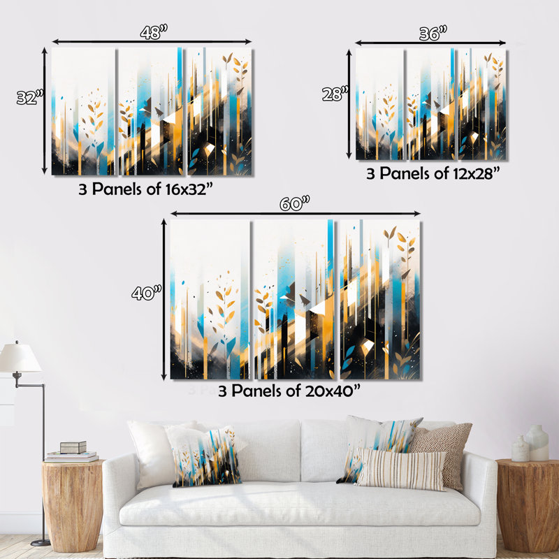 Turquoise doré symétrique abstrait - 3 pièces sur toile tendue, H 28 po x l 36 po x P 1 po