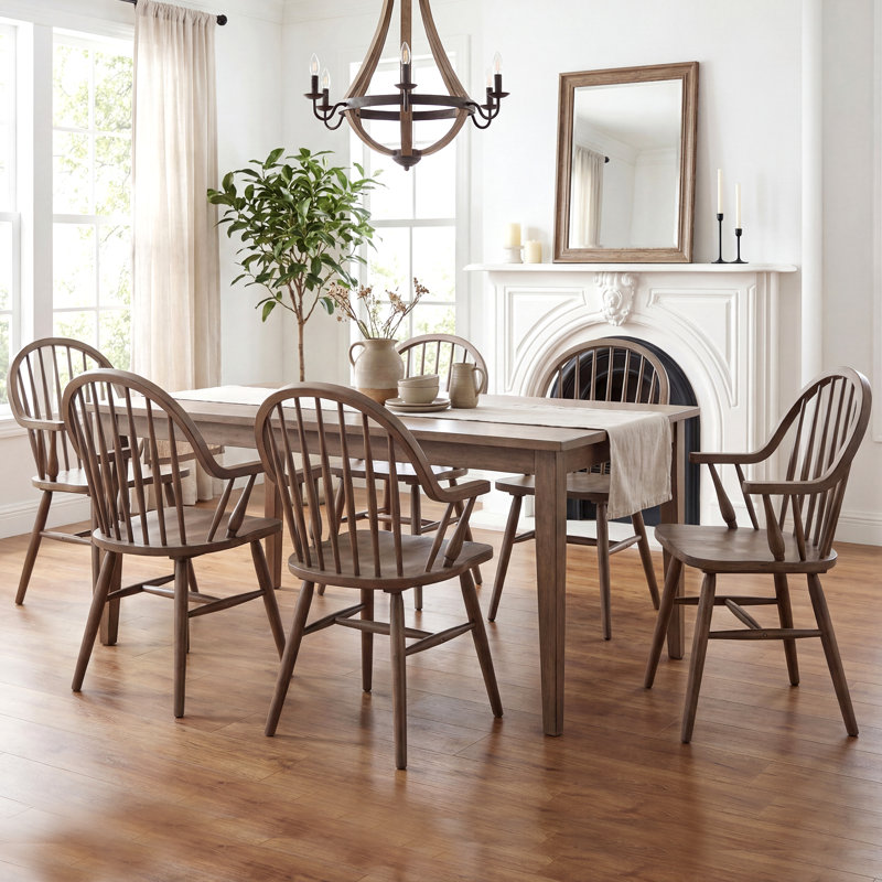 Hughes 24" Wide Windsor Solid Wood Dining Chairs With Armrests