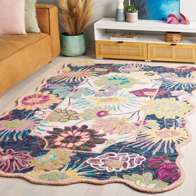 Lesle 357 Hand Tufted Wool/Cotton Floral Indoor Use Only Rug in Navy/Ivory