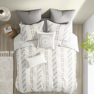 Housse de couette pour lit double / grand en coton - Base avec rayures grises, revers, 2 taies décoratives assorties, fermeture à boutons lavable à la machine et à la literie, 4 attaches intérieures, réversible, lavable,