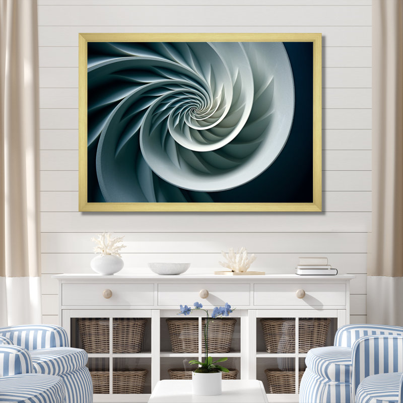 Turquoise coquille spirale de poisson sur toile, Cadre doré simple, H 34 po x l 44 po x P 1,5 po