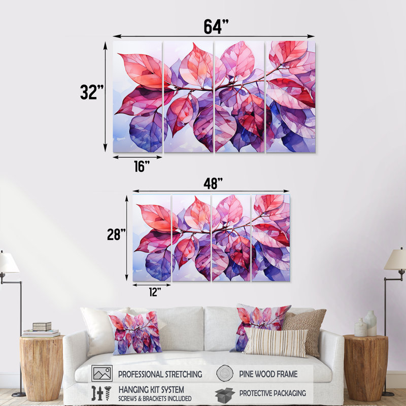 Rose et mauve, plantes tropicales, feuilles I - fuschia, art mural 4 pièces, H 32 po x l 64 po