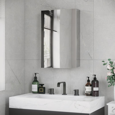 Wall-Mounted Medicine Cabinet With Mirror, Bathroom Mirror Cabinet Wall Mounted With Hinged Door, Storage Shelves For Living Room And Laundry Room, 15" X 24", Silver