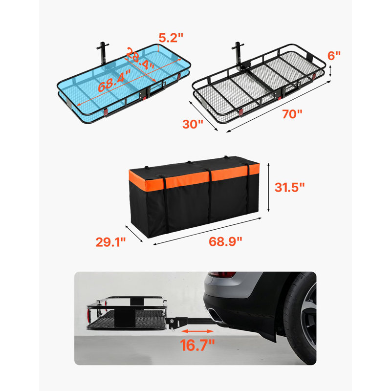 70 po x 30 po x 6 po, porte-bagages avec attelage, capacité de charge de 500 lb avec sangles à cliquet et sac de transport, porte-bagages pliable avec crochet d'attelage pour récepteur de 2 po, convient aux VUS