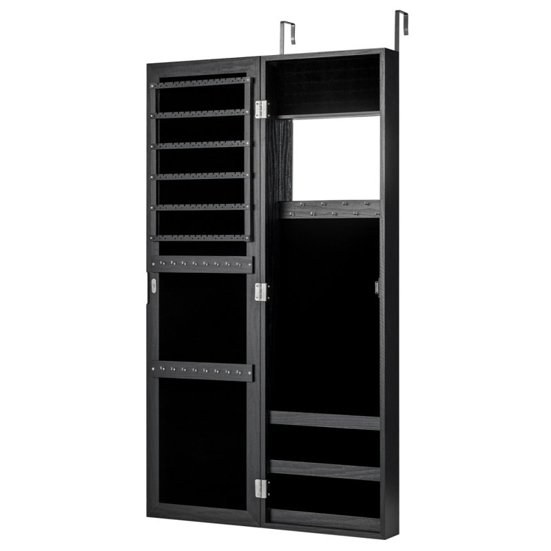 Armoire à bijoux murale / porte avec crochets et tablettes de rangement, noir, Black