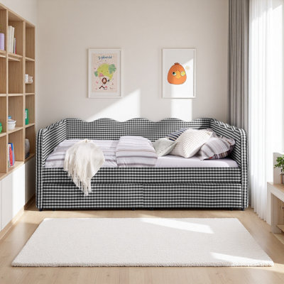Cozy Gingham Daybed With Two Storage Drawers, With USB Port And Adorable Wave Shaped