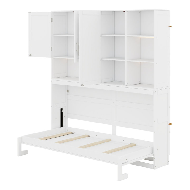 Lit escamotable mural avec armoire supérieure, tablettes, lit pliable peu encombrant avec lumière et USB