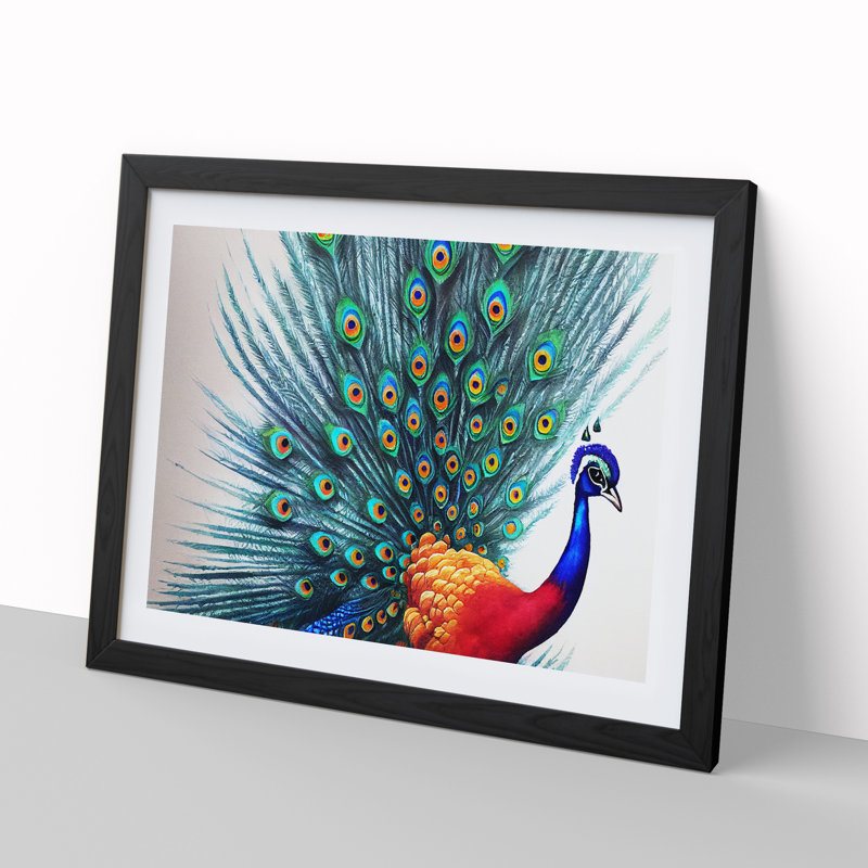 Watercolour Peacock Art - Single Picture Frame Painting, 46cm H x 64cm W x 2cm D, Black