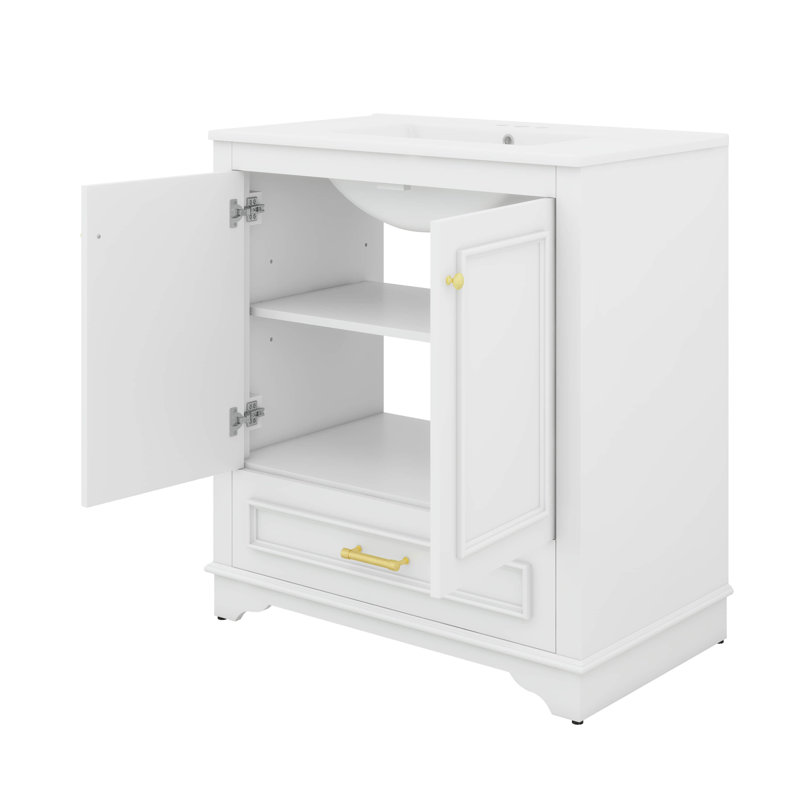 Meuble-lavabo autoportant de 30 po avec lavabo en céramique, armoire de rangement pour salle de bain avec portes à fermeture douce et tablette réglable, tiroir