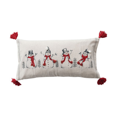 Coussin lombaire en lin avec broderie de bonhommes de neige et d'oiseaux, pompons et pompons