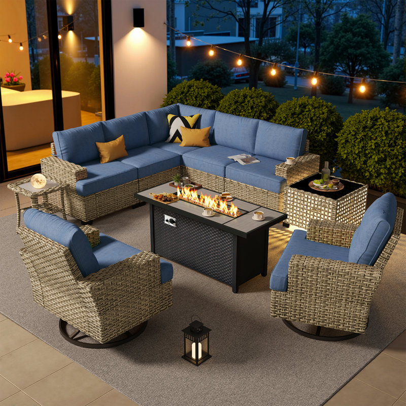 Ensemble de conversation en osier pour 7 personnes avec coussins Dzion, Bleu, Oui