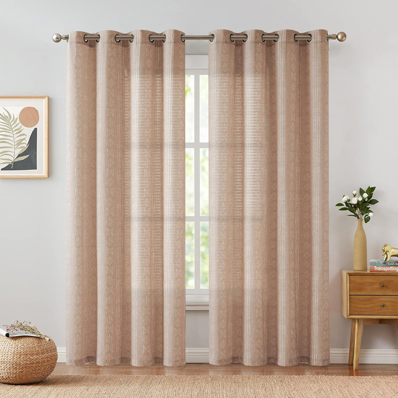 Paire de rideaux semi-transparents avec passe-tringle Amadas, L 52 po x L 96 po, Blanc/Brun clair