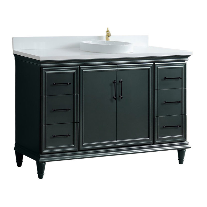 Finition de meuble-lavabo simple avec granite galaxie et lavabo rond, Quartz blanc, 61"