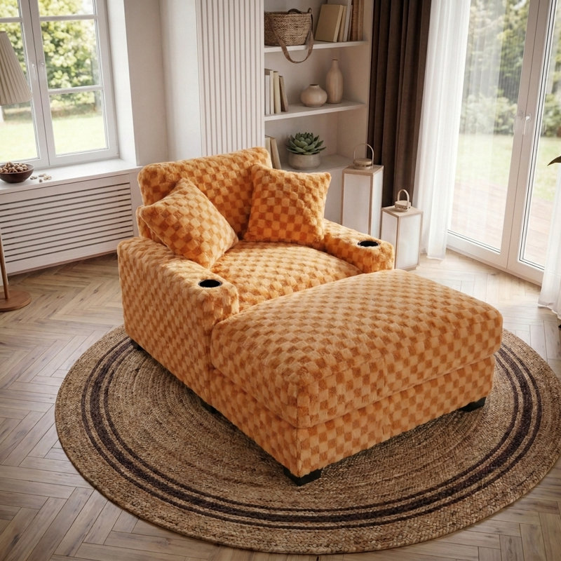 Chaise longue inclinable à motif de losanges moderne avec ports USB, porte-gobelet et coussins, Orange