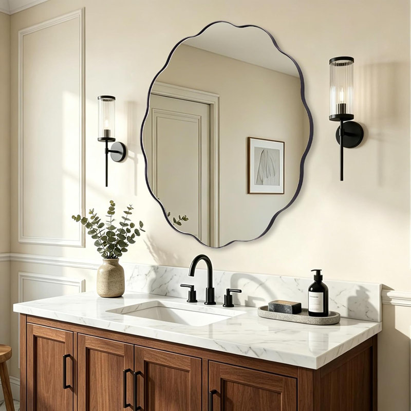 Contemporary Round Wavy Mirror Circle Bathroom Vanity Mirror | Stainless Steel Frame, 36" x 36", Matte Black
