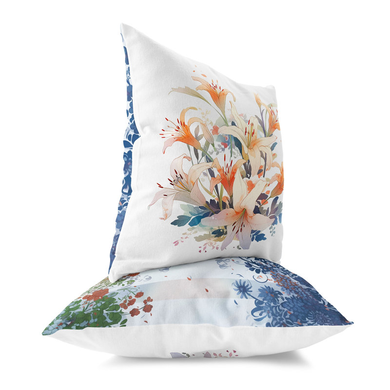 18" White and Orange Floral Faux Suede Throw Pillow
