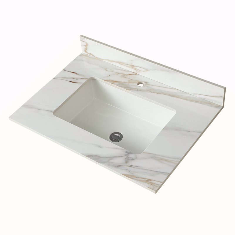 Comptoir de meuble-lavabo en marbre 31 po, comptoir de salle de bain avec lavabo central encastré rectangulaire et dosseret de 4 po de hauteur
