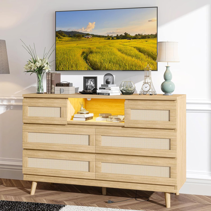 Commode en rotin avec 6 tiroirs pour chambre à coucher avec lumières DEL, Jaune