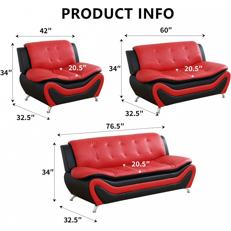 Chaise d'appoint 42 po moderne en similicuir avec motif ondulé et pieds chromés, Rouge / Noir