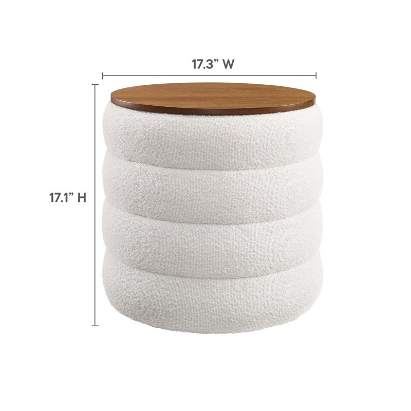 Cloud Boucle Fabric Round Storage Ottoman with Wood Grain Veneer Lid
