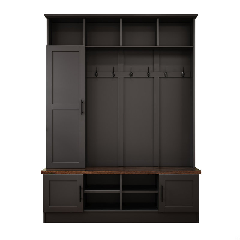 3-In-1 Hall Tree With 6 Hooks, Farmhouse Walnut Storage Bench With Adjustable Shelves, 55"W Modern Entryway Coat Rack With Multiple Storage Space