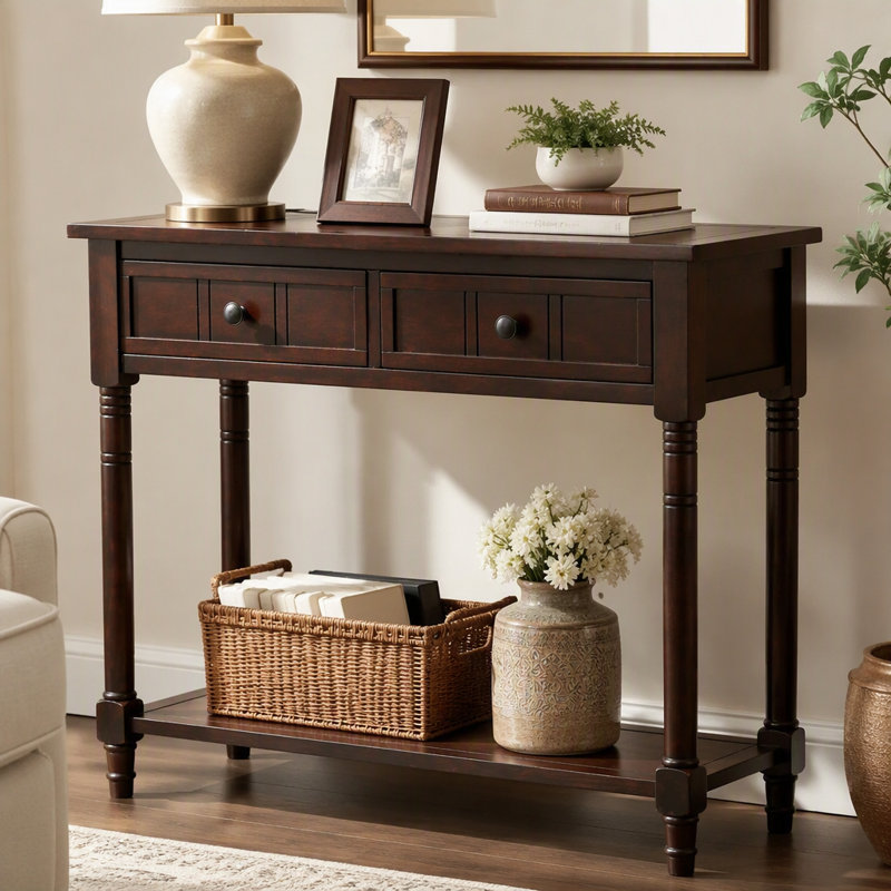 Mid century Modern Entryway Table Wood Console Table Traditional Design With 2 Drawers And Bottom Shelf, Espresso