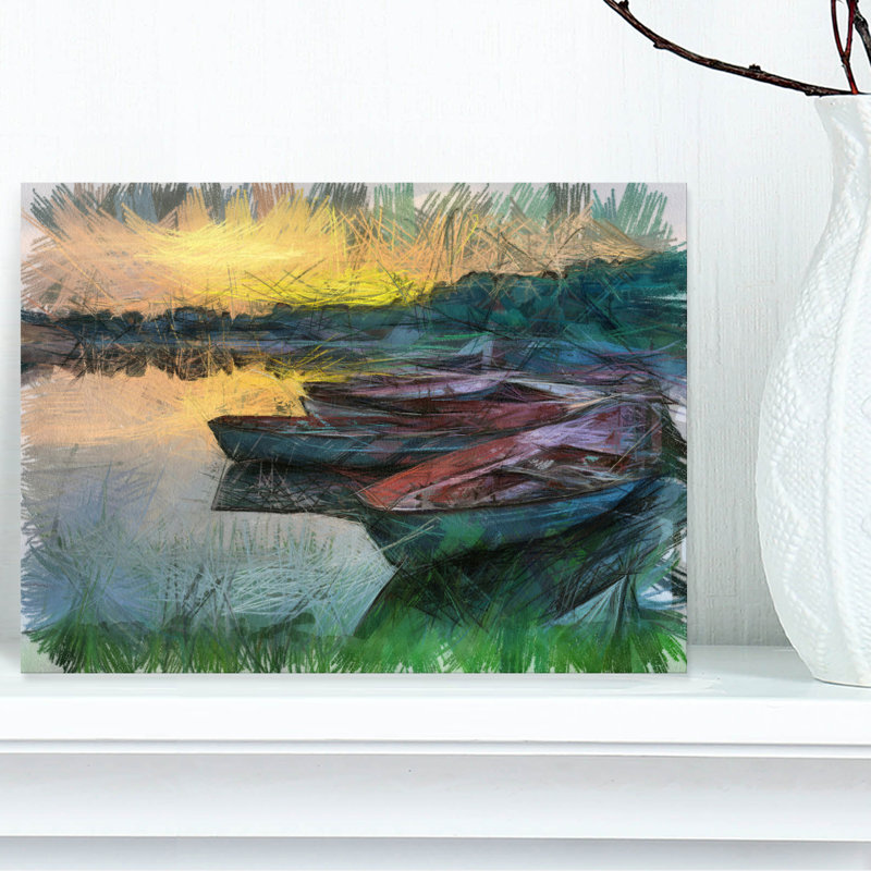« pêche de bateaux par river aquarelle », reproduction d’art sur toile tendue, H 8 po x l 12 po