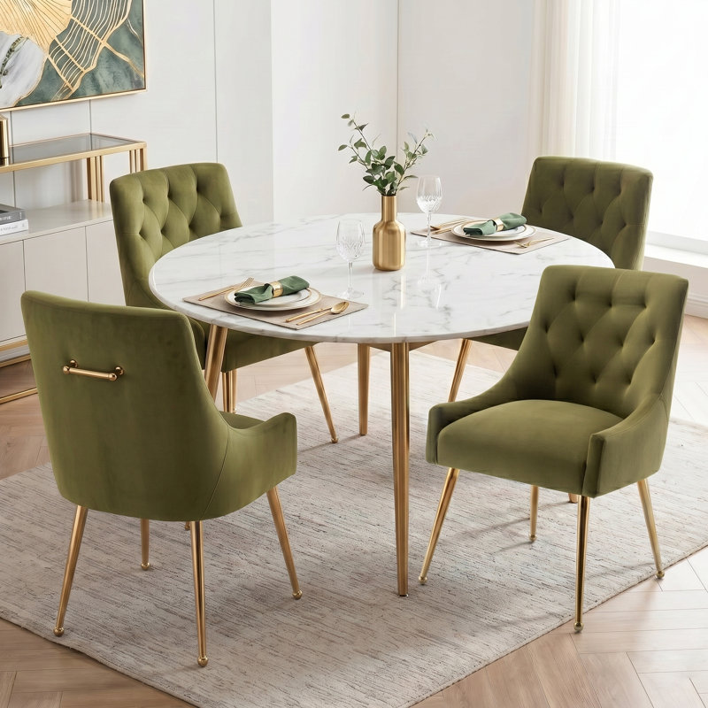 Fewell Velvet Upholstered Dining Chair With Gold Legs, Green