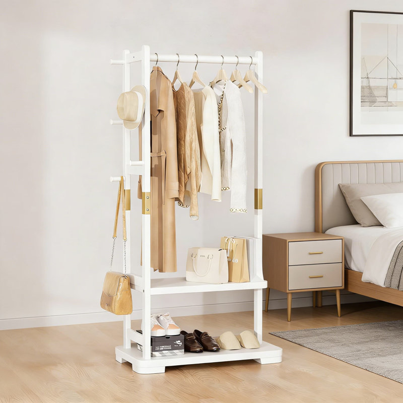 Portant à vêtements autoportant en bois massif avec 2 tablettes de rangement et 4 crochets, portemanteau robuste et portemanteau pour la chambre à coucher, le salon et le vestibule