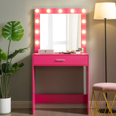 Bureau de coiffeuse avec miroir et lumières, coiffeuse avec grand tiroir, commode de rangement à 1 niveau et 3 modes d'éclairage à luminosité réglable, convient à la chambre à coucher (rose)