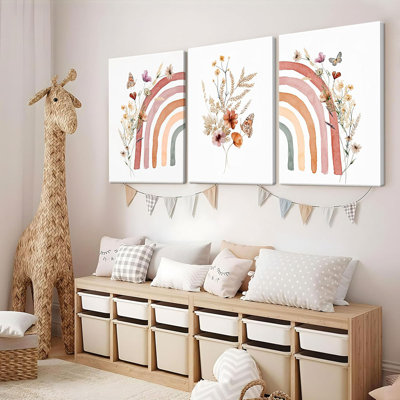 Boho Rainbow Wall Art for Girls Room - Set of 3 Framed Wildflower Canvas Prints for Nursery, Baby Girl Room, Kids or Dorm Decor - Soft Pastel Botanical Bohemian Wall Decor 12x16in