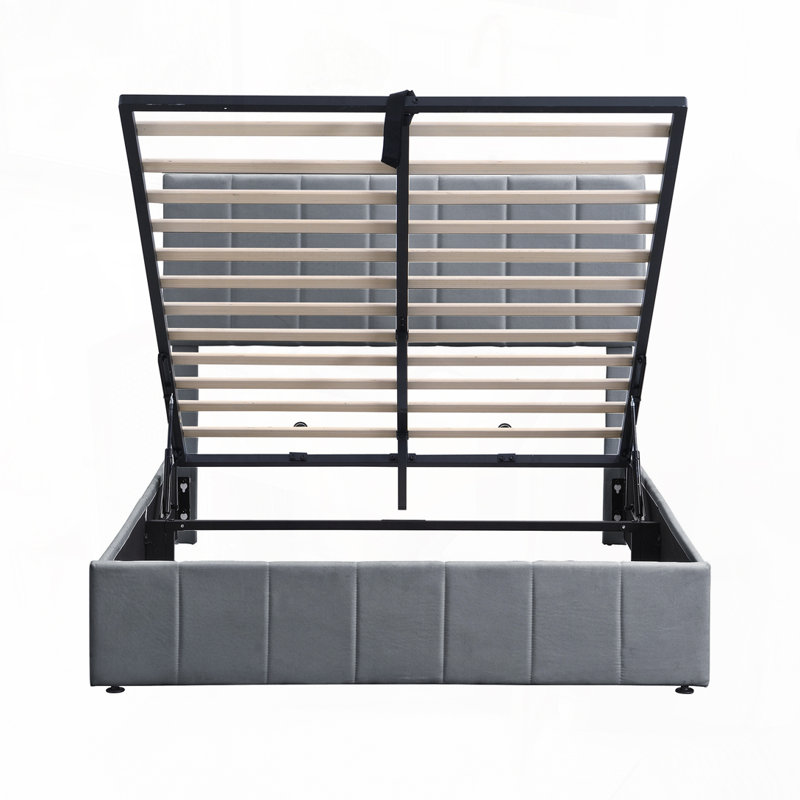 Lit plateforme tapissier avec système de rangement hydraulique, gris, Complète
