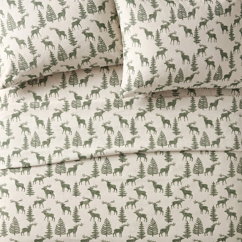 Fabrice Flannel Sheet Set, King Sheet Set with Fitted Sheet and 2 Pillowcases, Ivory/Green