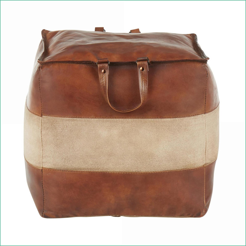 Ottoman – Industrial Walnut Brown Leather &amp; Tan Brown Canvas Pouf with Side Handles by LumiSource | Walnut Brown | Leather