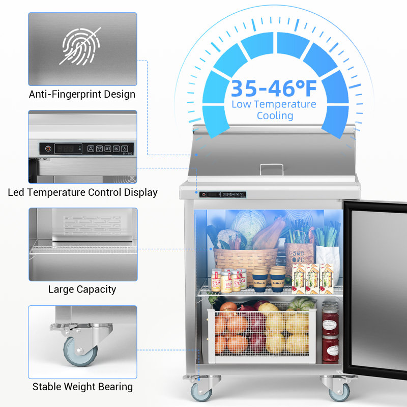 28"/48" Commercial Undercounter Worktop Refrigerator, 7.4/12.85 cu. ft Stainless Steel Sandwich & Salad Prep Station with Digital Cooling