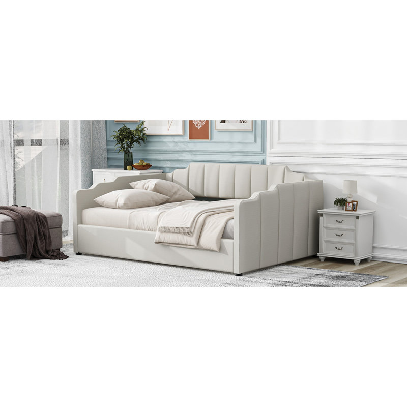 Lit de jour rembourré avec rangement inférieur, taille double, beige, Beige