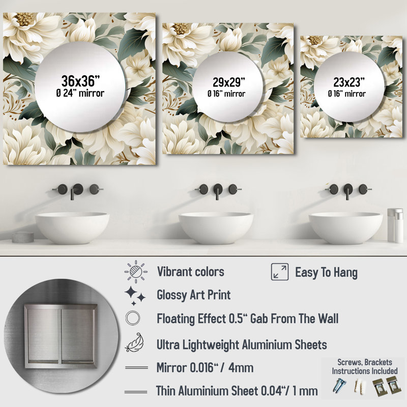 Motif subtil Mandalas Ii Boho - Grand miroir mural floral carré pour chambre à coucher, 23 po x 23 po