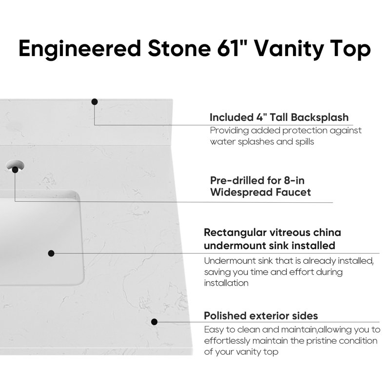 61'' White Engineered Stone Double Sink Vanity Top