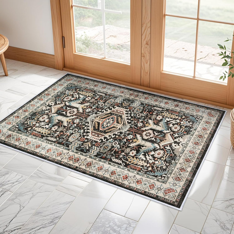 Washable Living Room Area Rug - Large Bedroom Rug Distressed Oriental Non-Slip Non-Shedding Print Floor Carpet for Dining Room Kitchen (Black)