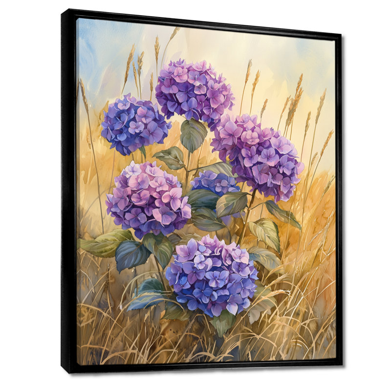 «Hydrangeas In A Golden Field II - Hydrangea», reproduction sur toile, Noir, Reproduction avec cadre flottant