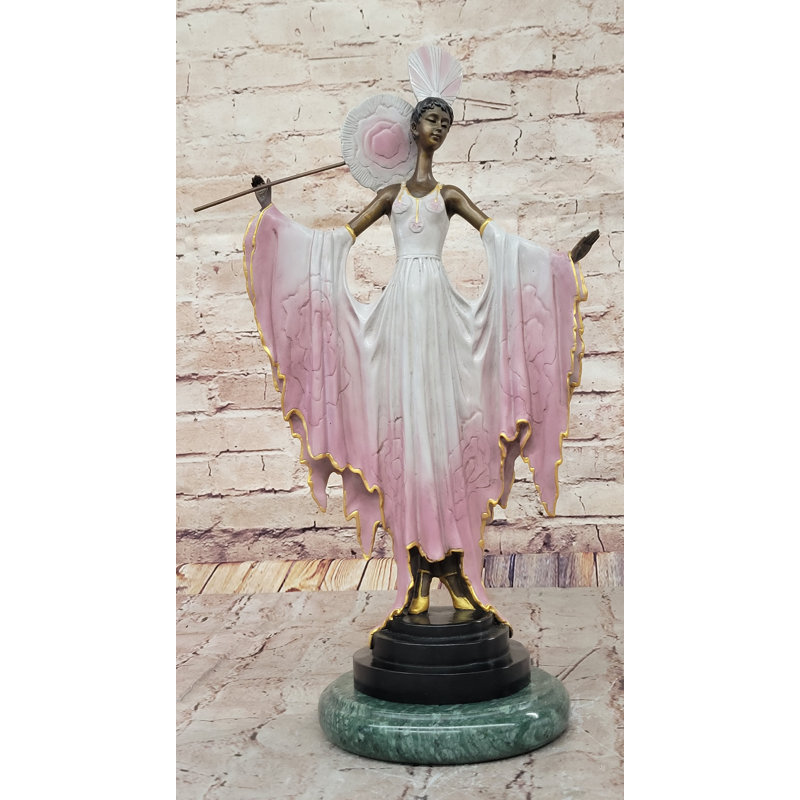 «Fan Lady» par J. Erte, sculpture sur bronze, base en marbre vert, statue